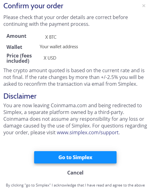 Screenshot of Coinmama's payment confirmation shows transaction details with options to buy crypto via Simplex.